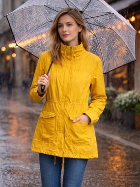Eileen Fisher Mustard Rain Jacket Organic Cotton Utility Coat Light Hoodless L